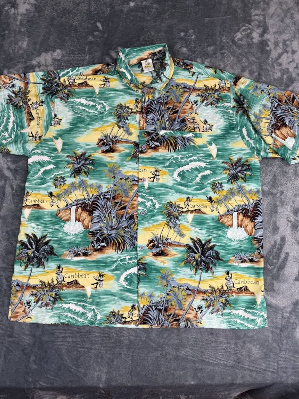 Rima Mens Hawaiian Short Sleeve Shirt Caribbean Scene Palm Trees & Surf XL